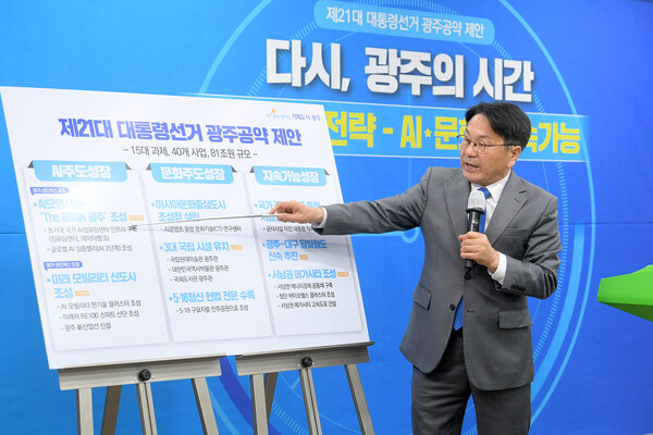강기정 광주광역시장이 8일 시청 브리핑실에서 제21대 대통령선거 광주공약 제안발표를 하고 있다. (사진=광주광역시)