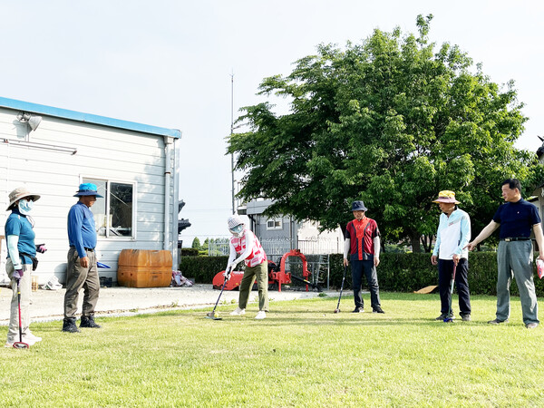 설성그라운드골프 동호회 회원들이 병영면 그라운드골프장에서 공을 치고 있다. (사진=강진군)