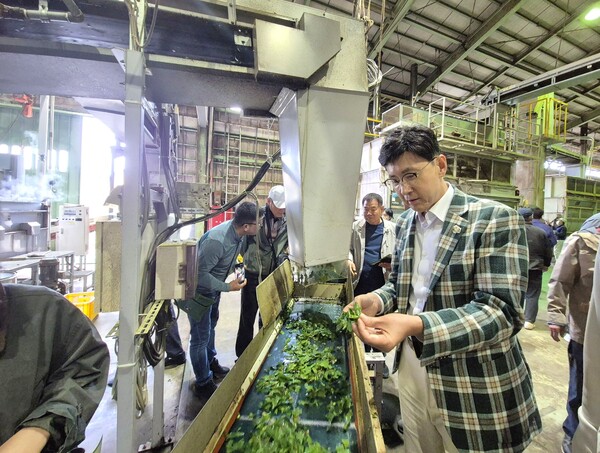 김철우 보성군수는 시즈오카현립 차업연구센터에서 스마트 가공·품질 관리 시스템을 확인하고 있다(사진=보성군)
